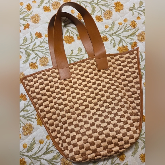 Anthropologie Leather Raffia Tote With Pouch - Picture 3 of 6